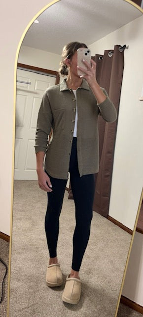 Waffle Knit Button-Up Cardigan- Olive Green