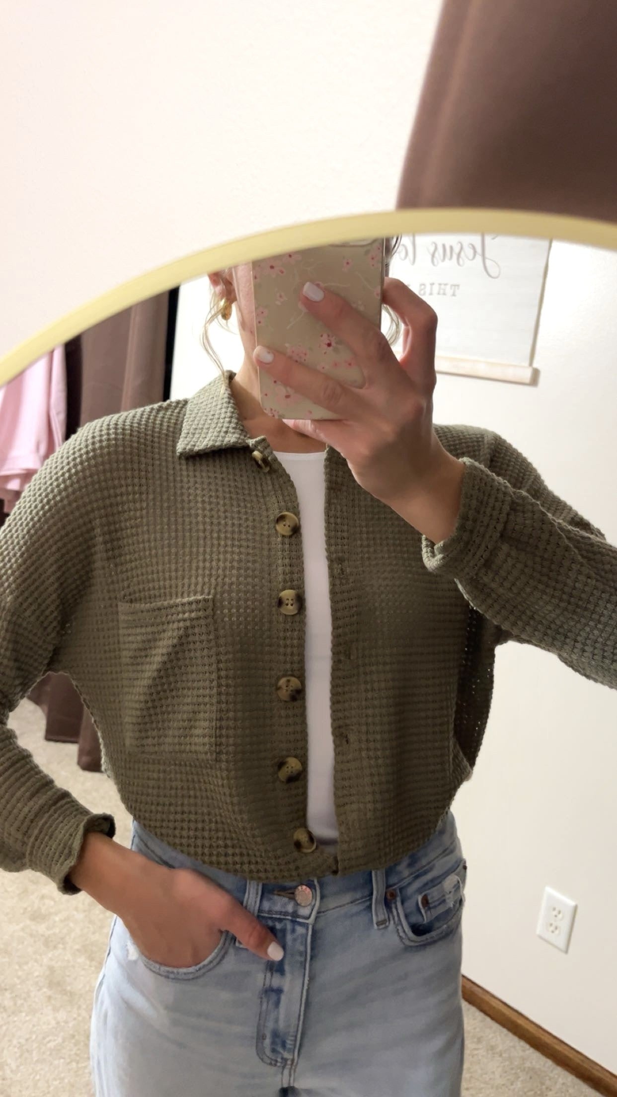 Waffle Knit Button-Up Cardigan- Olive Green