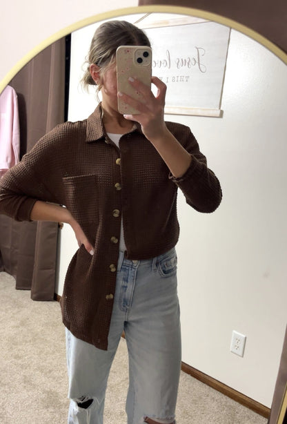 Waffle Knit Button-Up Cardigan-Brown
