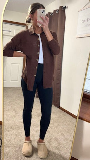 Waffle Knit Button-Up Cardigan-Brown