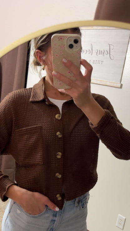 Waffle Knit Button-Up Cardigan-Brown