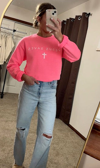 Jesus Saves Sweatshirt- Neon Pink