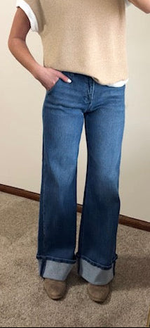 Mid Rise Wide Leg Cuffed Jeans Stripe