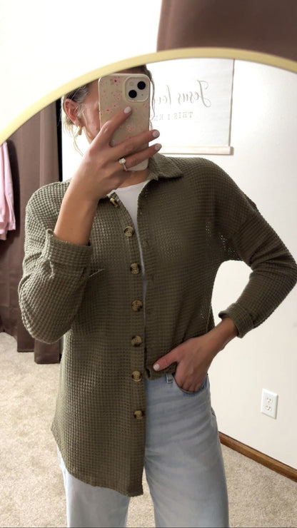 Waffle Knit Button-Up Cardigan- Olive Green