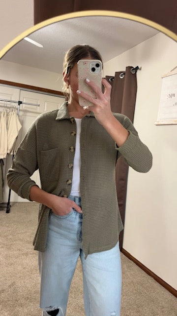 Waffle Knit Button-Up Cardigan- Olive Green