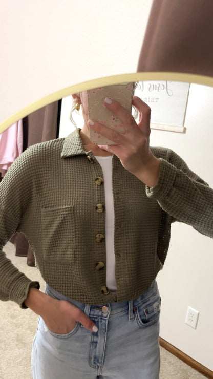 Waffle Knit Button-Up Cardigan- Olive Green