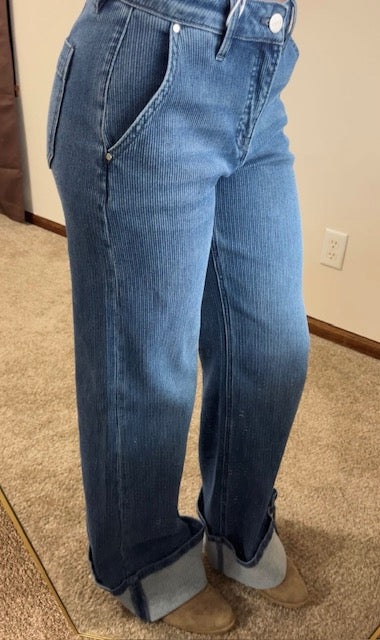 Mid Rise Wide Leg Cuffed Jeans Stripe