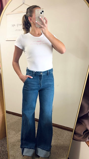 Mid Rise Wide Leg Cuffed Jeans Stripe